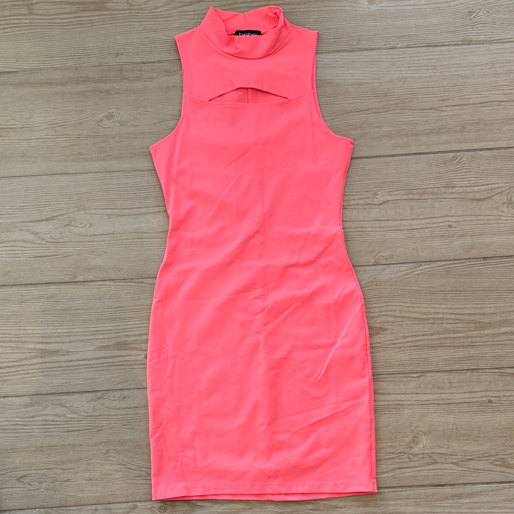NWOT bebe Neon Hot Pink Mock Neck Cut Out Mini Dress XS